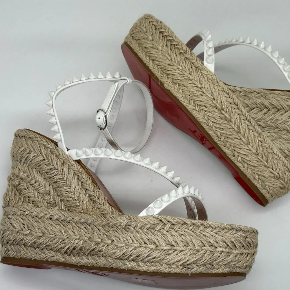 Christian Louboutin White Studded Espadrille Wedge Sandals